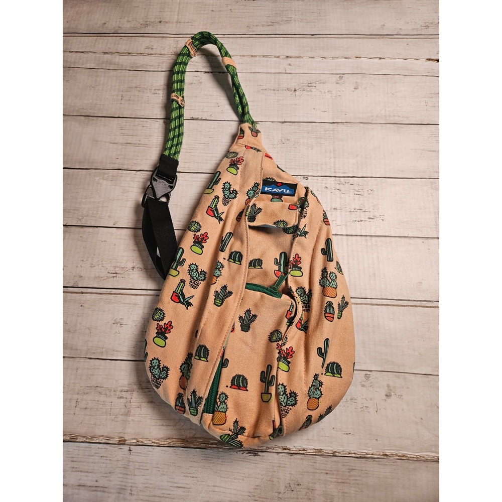KAVU Rope Bag Cactus Print Peach Cotton Canvas Sling Backpack Shoulder Bag